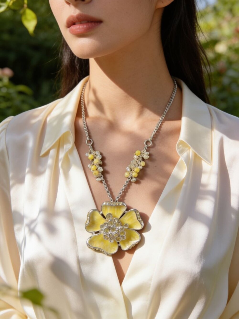 Vintage Kenneth Cole Floral Necklace Crystal & Yellow Enamel Swirl